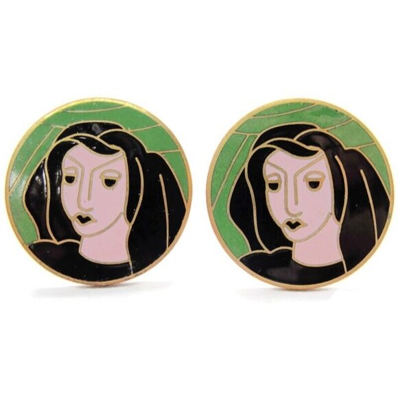 Vintage Cufflinks Enamel Woman Face Round Gold Tone Signed Pat Pend Black Hair - Picture 2 of 8